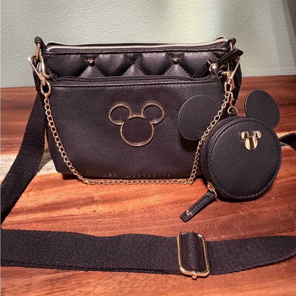 Disney Black Quilted Faux Leather Crossbody with Coin Pouch